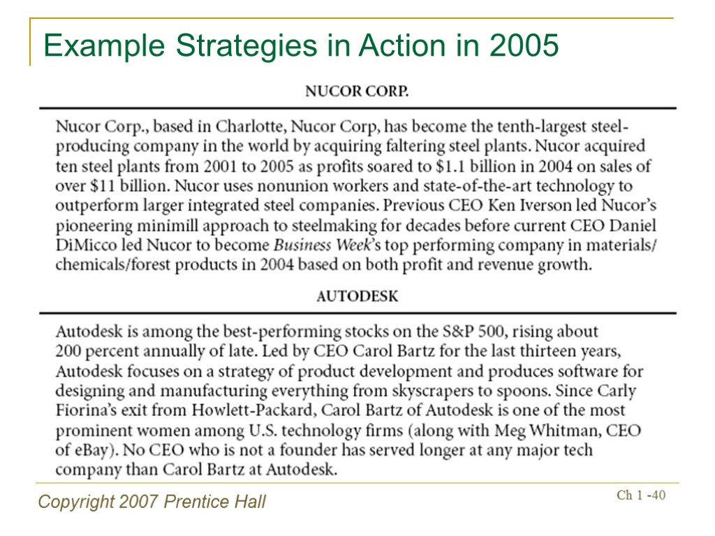 Copyright 2007 Prentice Hall Ch 1 -40 Example Strategies in Action in 2005